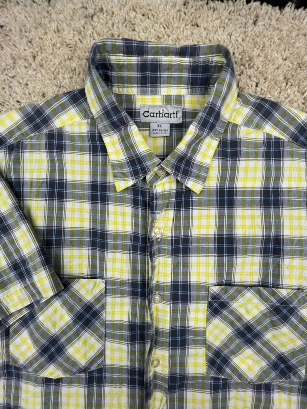 Carhartt Mens Size XL Yellow Gray Plaid Short Sleeve Button Up Shirt Cotton